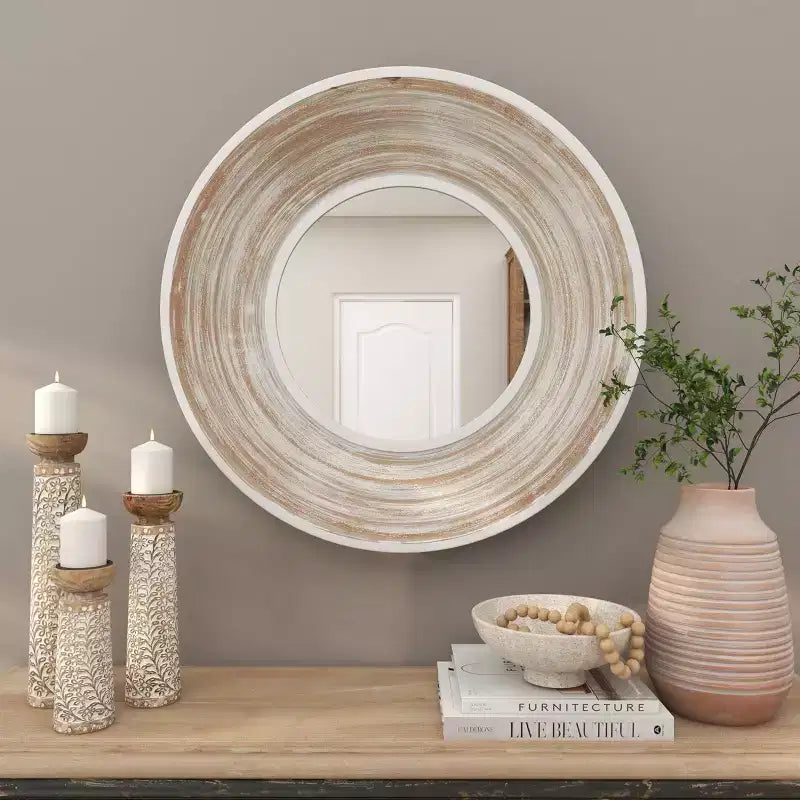 Specchio da parete in legno 89x89 cm con effetto bianco consumato, crema-Olivia & May: Nessun assemblaggio, cornice in MDF, per uso interno