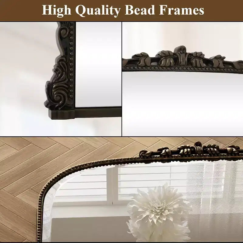 Specchio da parete 40x28, Specchio ad arco con perline e cornice in metallo, Specchio decorativo da bagno per ingresso, camera da letto o soggiorno