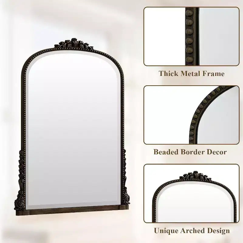 Specchio da parete 40x28, Specchio ad arco con perline e cornice in metallo, Specchio decorativo da bagno per ingresso, camera da letto o soggiorno