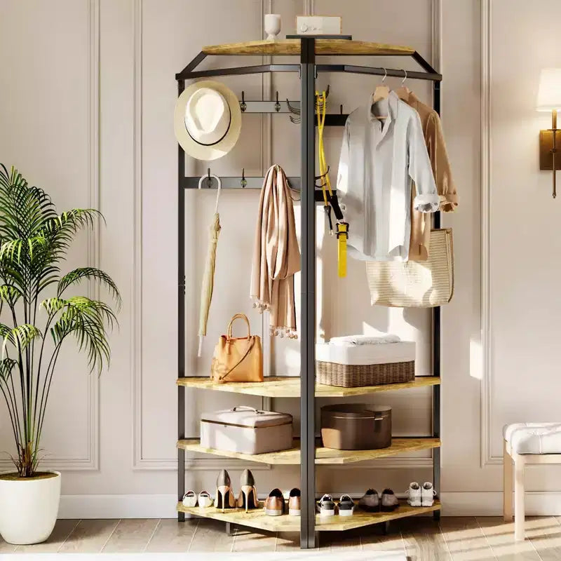 Albero da ingresso ad angolo con scarpiera, attaccapanni da ingresso con 12 ganci doppi, organizer portatutto autoportante per casa, ufficio, camera da letto, ripostiglio