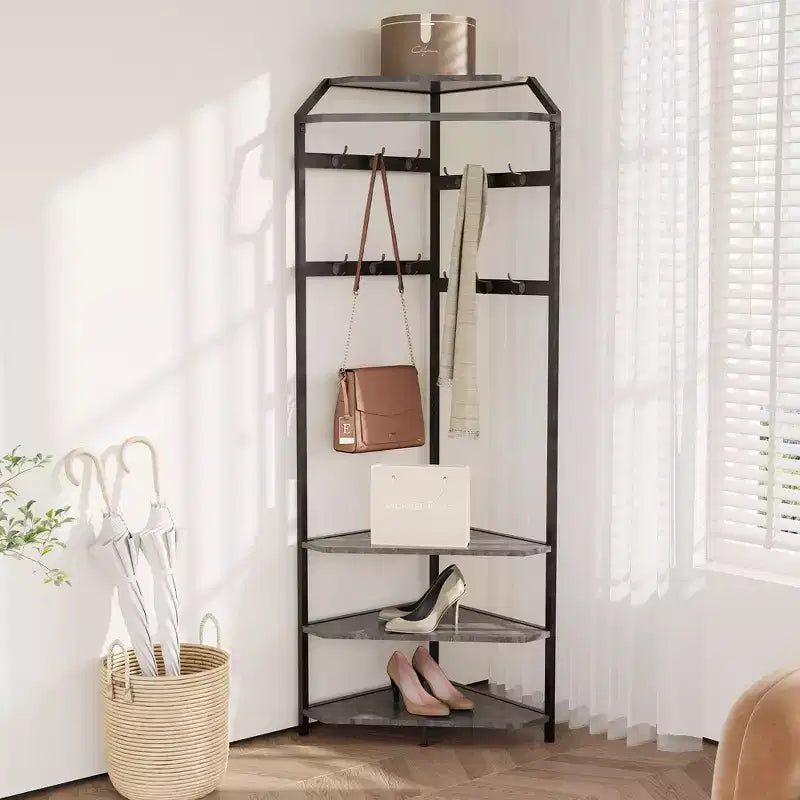 Albero da ingresso ad angolo con scarpiera, attaccapanni da ingresso con 12 ganci doppi, organizer portatutto autoportante per casa, ufficio, camera da letto, ripostiglio