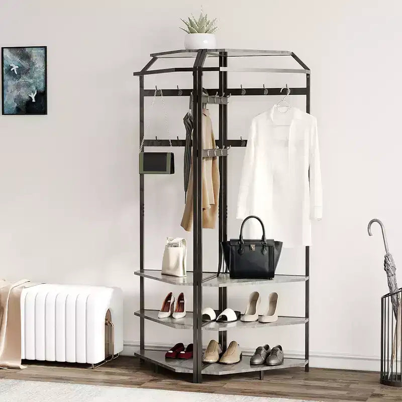 Albero da ingresso ad angolo con scarpiera, attaccapanni da ingresso con 12 ganci doppi, organizer portatutto autoportante per casa, ufficio, camera da letto, ripostiglio