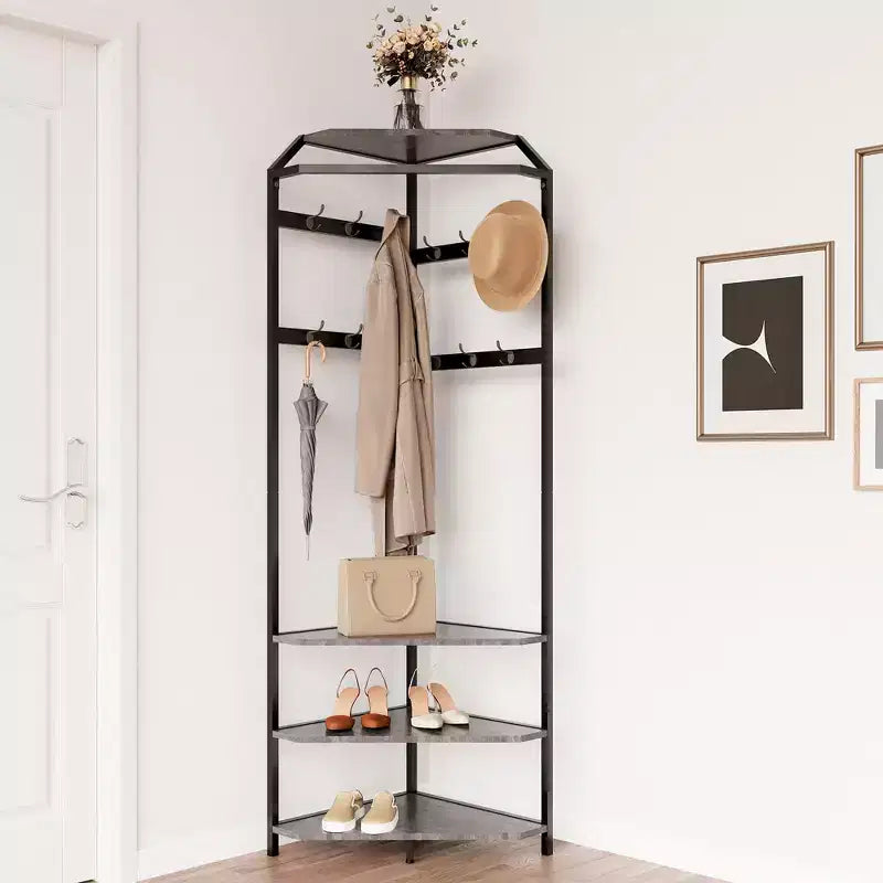 Albero da ingresso ad angolo con scarpiera, attaccapanni da ingresso con 12 ganci doppi, organizer portatutto autoportante per casa, ufficio, camera da letto, ripostiglio