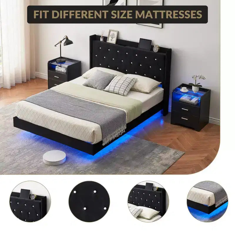 Struttura letto flottante, Struttura letto a piattaforma moderna, Supporto con doghe in legno, Testiera imbottita, Non è necessaria la rete a molle, Nero