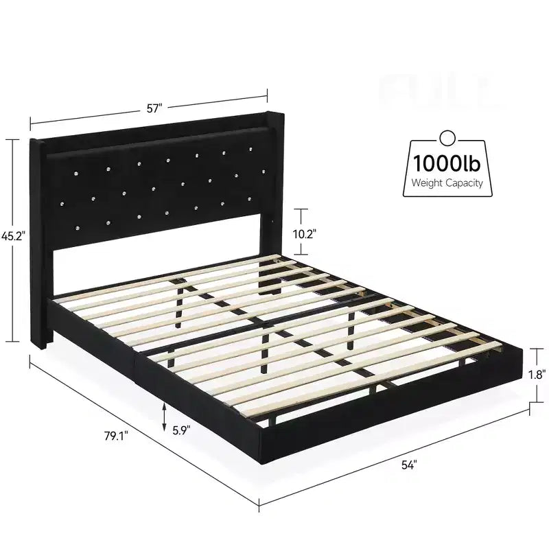 Struttura letto flottante, Struttura letto a piattaforma moderna, Supporto con doghe in legno, Testiera imbottita, Non è necessaria la rete a molle, Nero