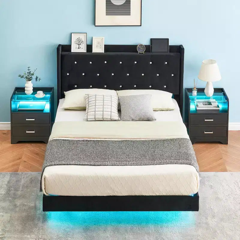 Struttura letto flottante, Struttura letto a piattaforma moderna, Supporto con doghe in legno, Testiera imbottita, Non è necessaria la rete a molle, Nero