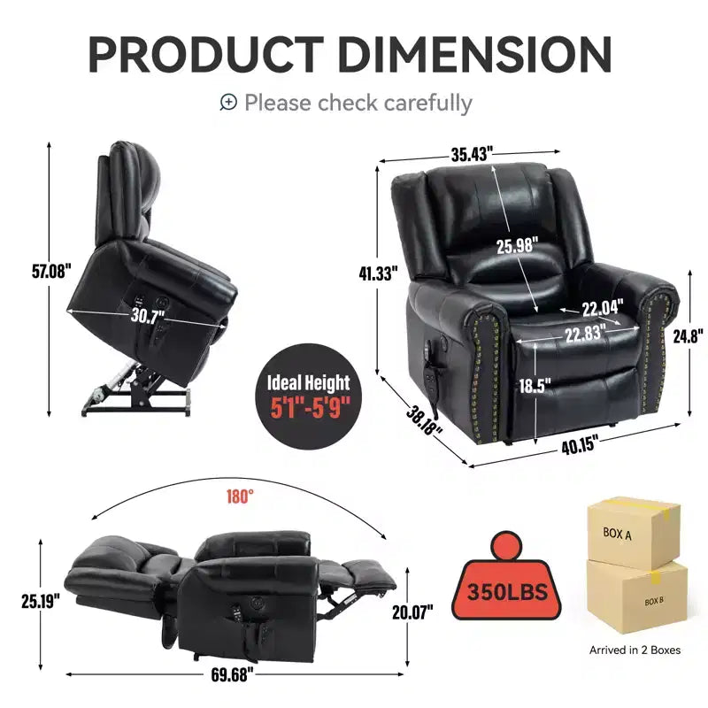 Poltrona Reclinabile Power Lift con Massaggio Riscaldante, Doppio Motore Posizione Infinita, Vera Pelle, Meccanismo di Movimento Robusto con Porte USB