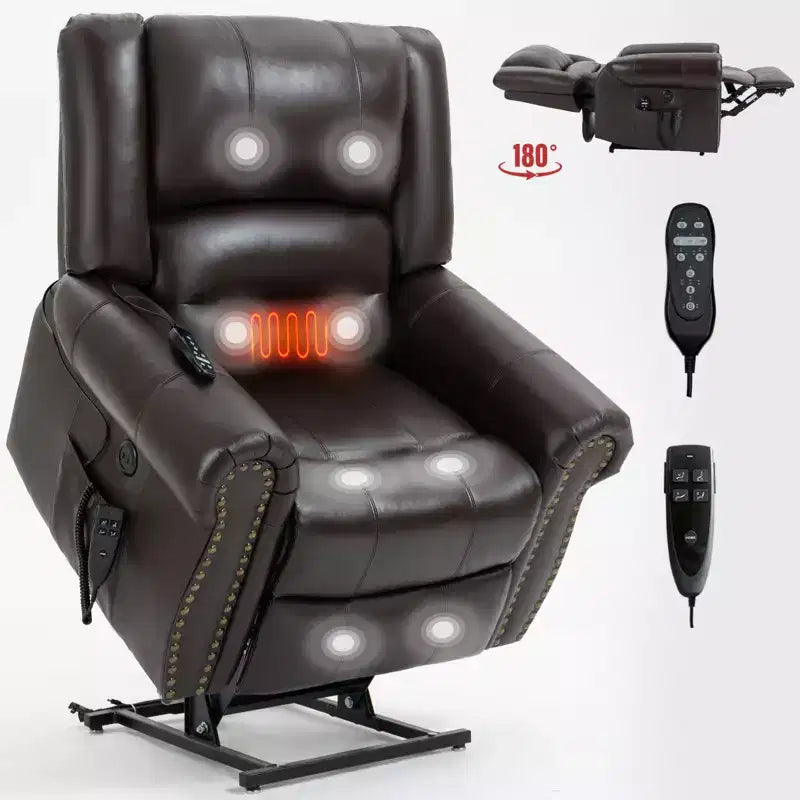 Poltrona Reclinabile Power Lift con Massaggio Riscaldante, Doppio Motore Posizione Infinita, Vera Pelle, Meccanismo di Movimento Robusto con Porte USB