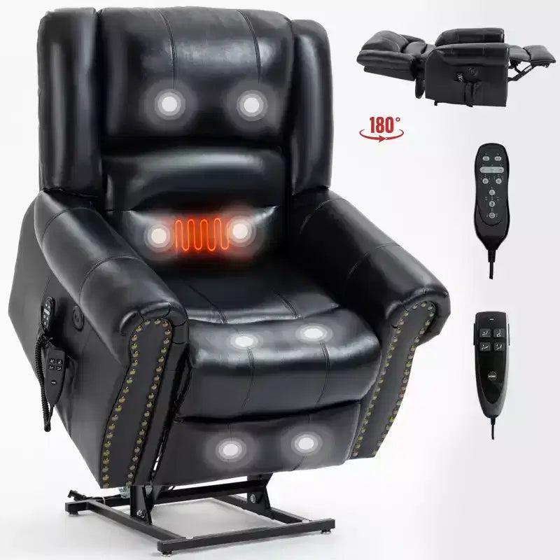 Poltrona Reclinabile Power Lift con Massaggio Riscaldante, Doppio Motore Posizione Infinita, Vera Pelle, Meccanismo di Movimento Robusto con Porte USB