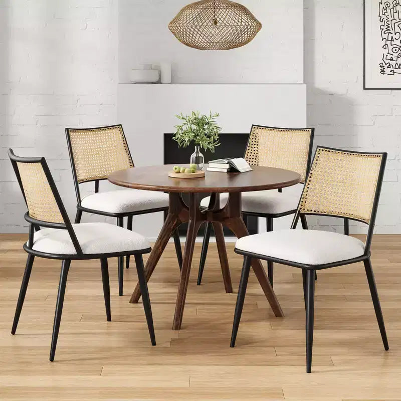 2 sedie da pranzo, sedie da cucina moderne di metà secolo con schienale in rattan e struttura in metallo, sedie imbottite in tessuto bouclé, bianche