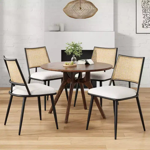 2 sedie da pranzo, sedie da cucina moderne di metà secolo con schienale in rattan e struttura in metallo, sedie imbottite in tessuto bouclé, bianche