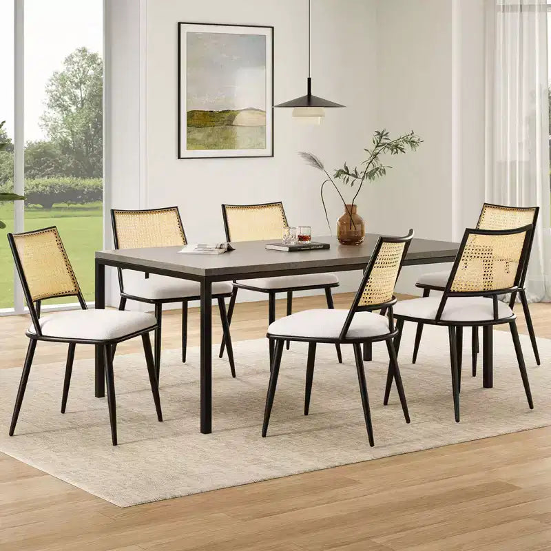 2 sedie da pranzo, sedie da cucina moderne di metà secolo con schienale in rattan e struttura in metallo, sedie imbottite in tessuto bouclé, bianche