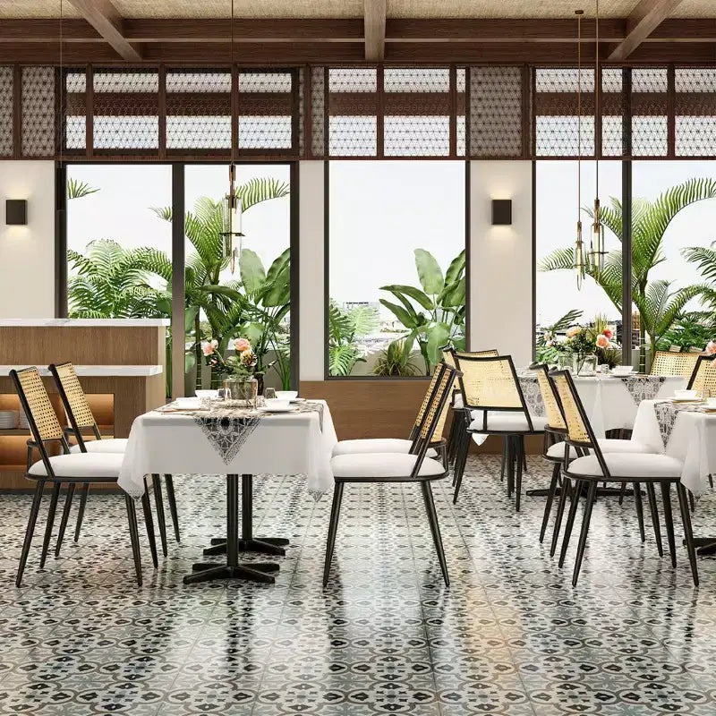 2 sedie da pranzo, sedie da cucina moderne di metà secolo con schienale in rattan e struttura in metallo, sedie imbottite in tessuto bouclé, bianche