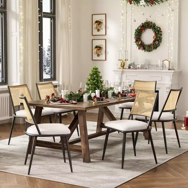 2 sedie da pranzo, sedie da cucina moderne di metà secolo con schienale in rattan e struttura in metallo, sedie imbottite in tessuto bouclé, bianche