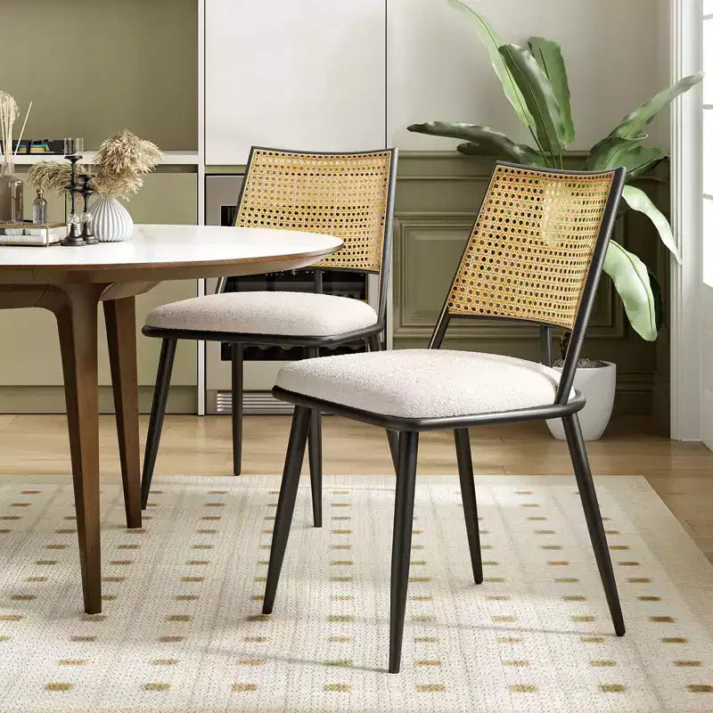 2 sedie da pranzo, sedie da cucina moderne di metà secolo con schienale in rattan e struttura in metallo, sedie imbottite in tessuto bouclé, bianche