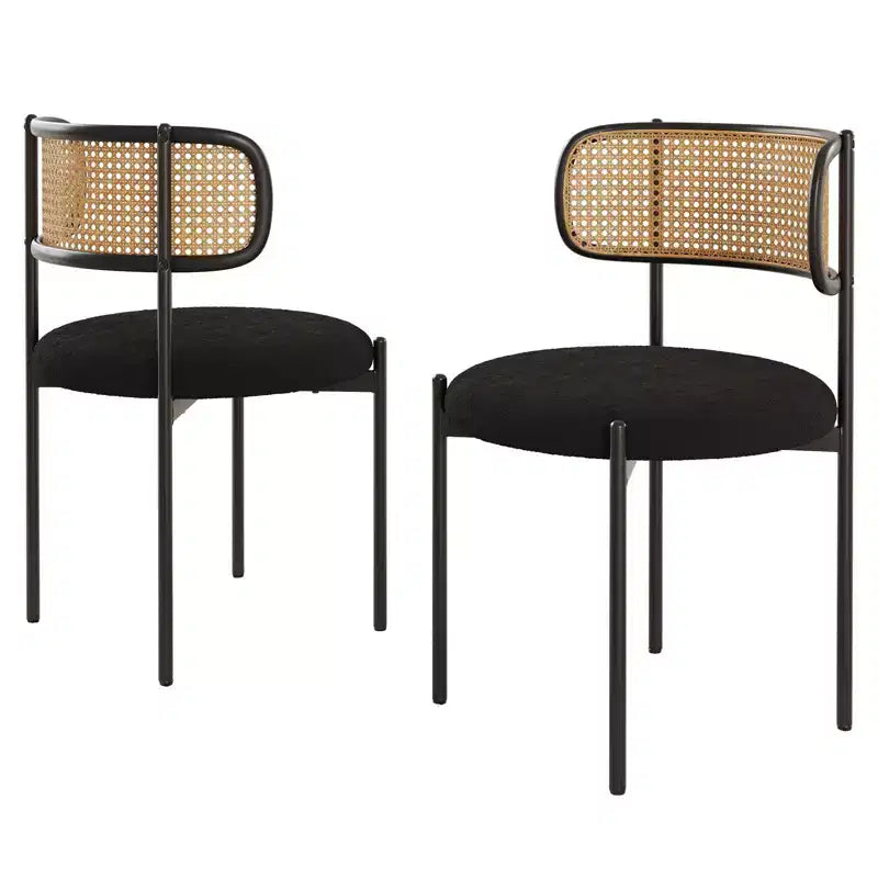 2 Pezzi Sedie da Pranzo Moderne Imbottite con Schienale in Rattan Sedie da Cucina d'Accento con Gambe in Metallo Nero
