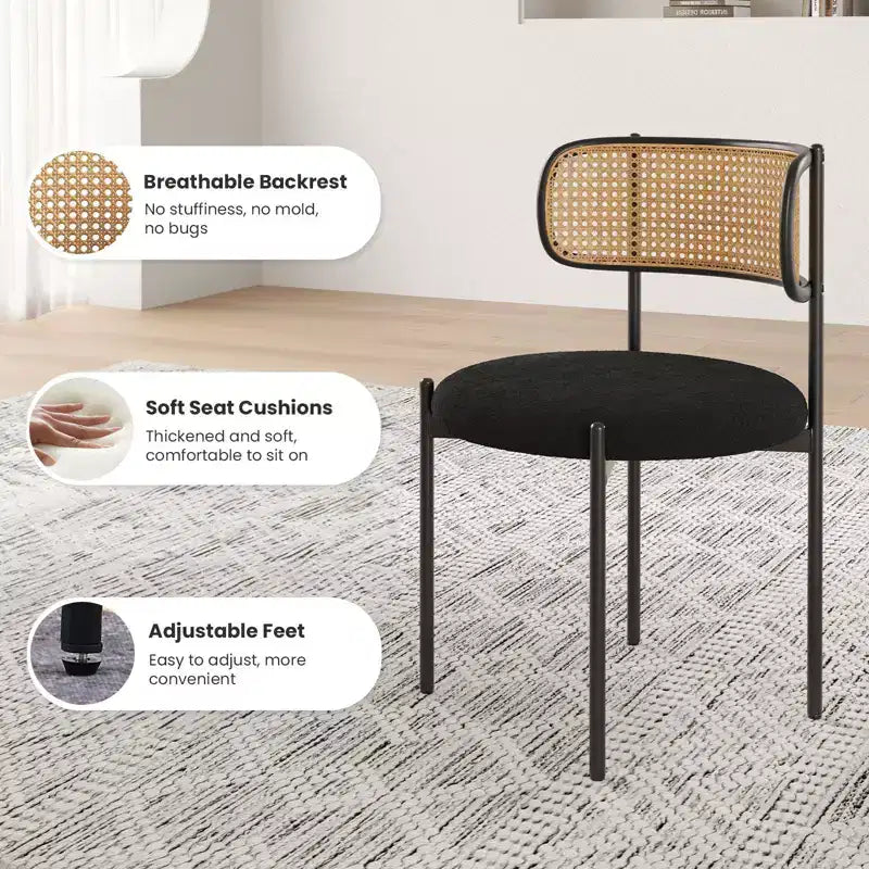 2 Pezzi Sedie da Pranzo Moderne Imbottite con Schienale in Rattan Sedie da Cucina d'Accento con Gambe in Metallo Nero