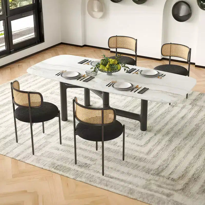 2 Pezzi Sedie da Pranzo Moderne Imbottite con Schienale in Rattan Sedie da Cucina d'Accento con Gambe in Metallo Nero