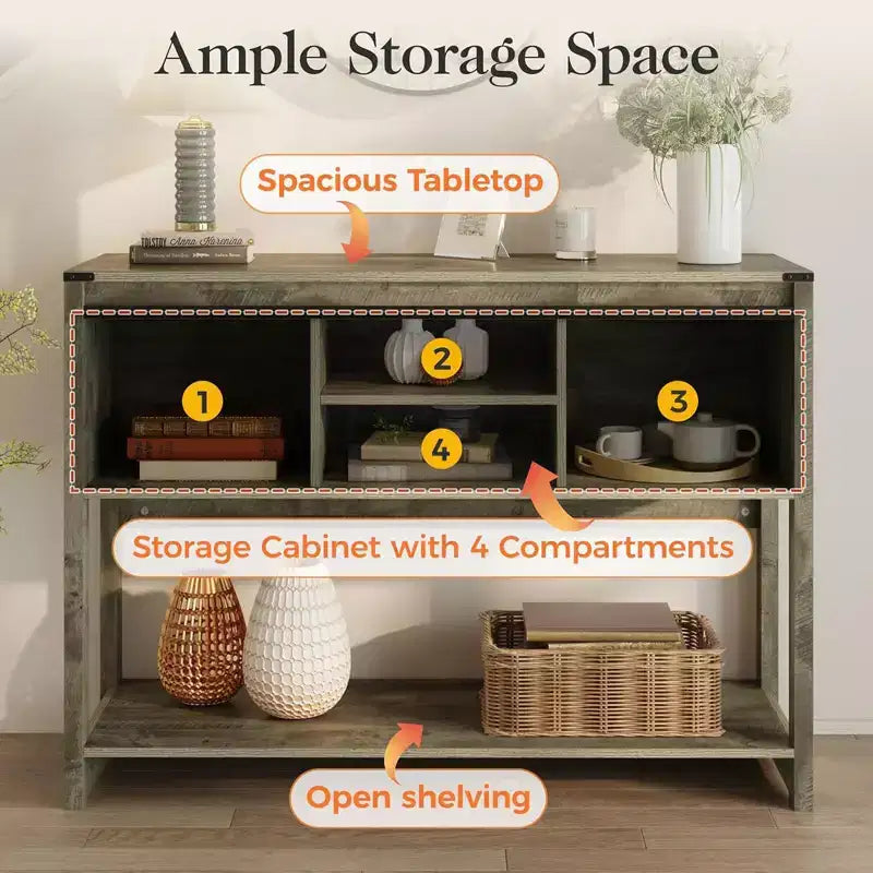 Tavolo console da ingresso con ripiani portaoggetti, anta scorrevole e ampio piano d'appoggio per soggiorno o foyer, grigio chiaro