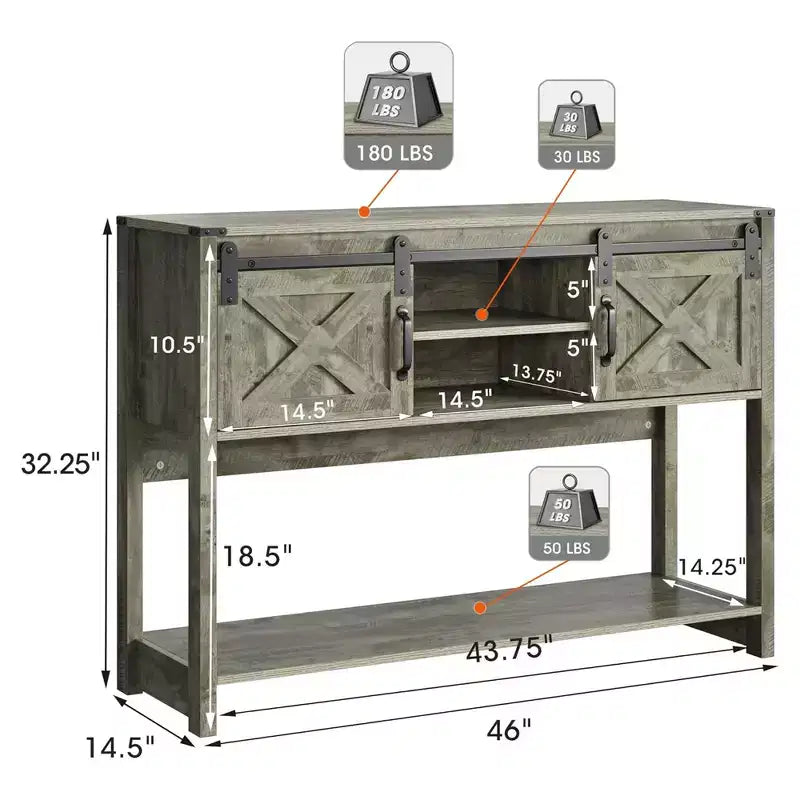 Tavolo console da ingresso con ripiani portaoggetti, anta scorrevole e ampio piano d'appoggio per soggiorno o foyer, grigio chiaro