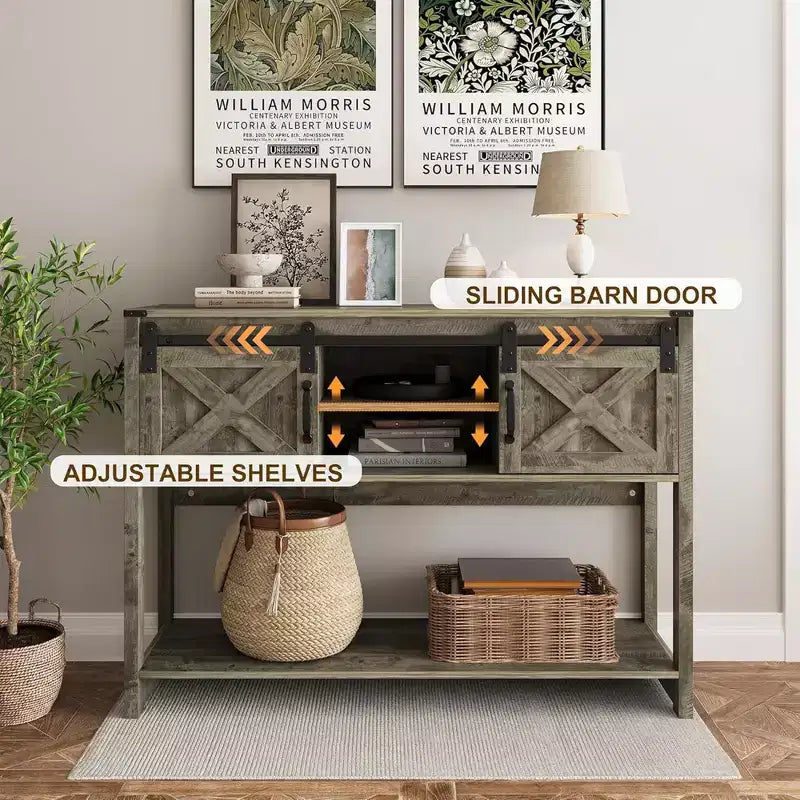 Tavolo console da ingresso con ripiani portaoggetti, anta scorrevole e ampio piano d'appoggio per soggiorno o foyer, grigio chiaro
