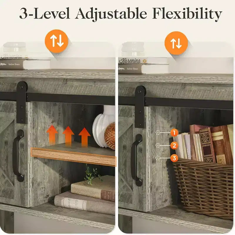Tavolo console da ingresso con ripiani portaoggetti, anta scorrevole e ampio piano d'appoggio per soggiorno o foyer, grigio chiaro