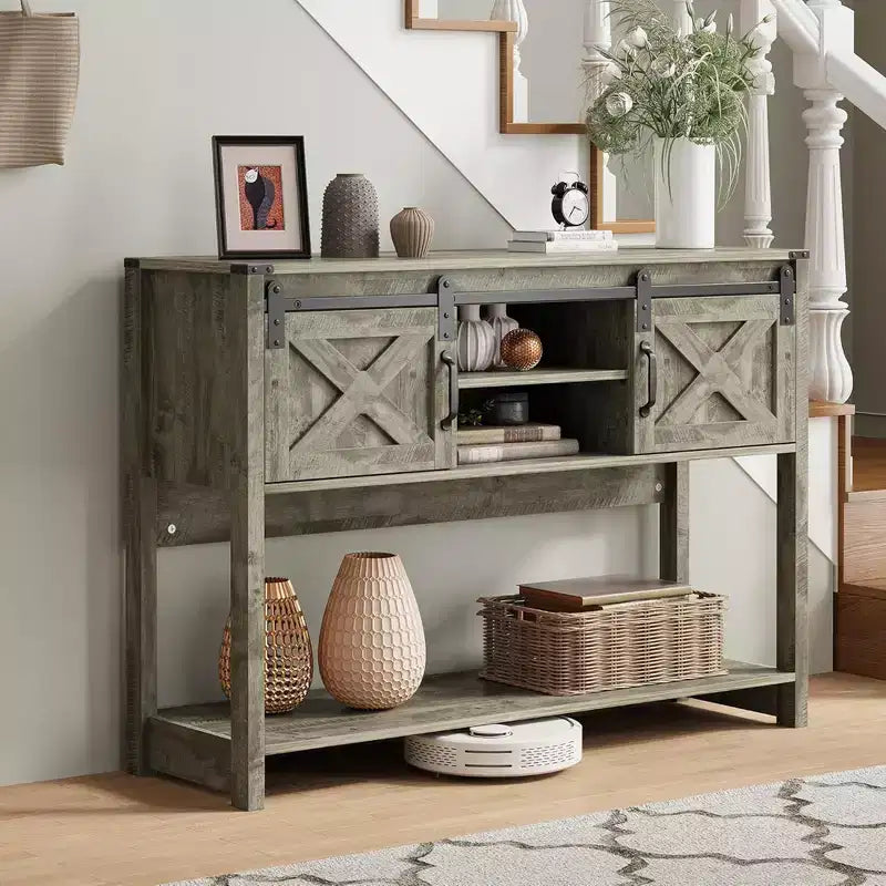 Tavolo console da ingresso con ripiani portaoggetti, anta scorrevole e ampio piano d'appoggio per soggiorno o foyer, grigio chiaro