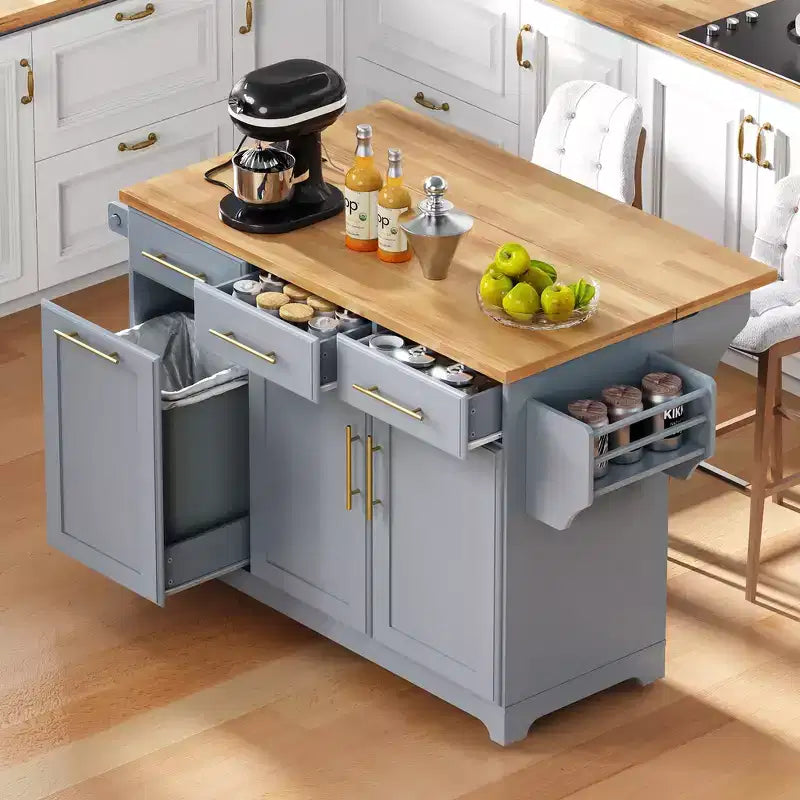 59.3 Isola da cucina, 2 organizer estraibili, anta a ribalta, vano rifiuti e portaspezie