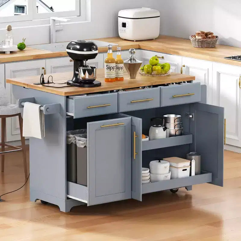 59.3 Isola da cucina, 2 organizer estraibili, anta a ribalta, vano rifiuti e portaspezie