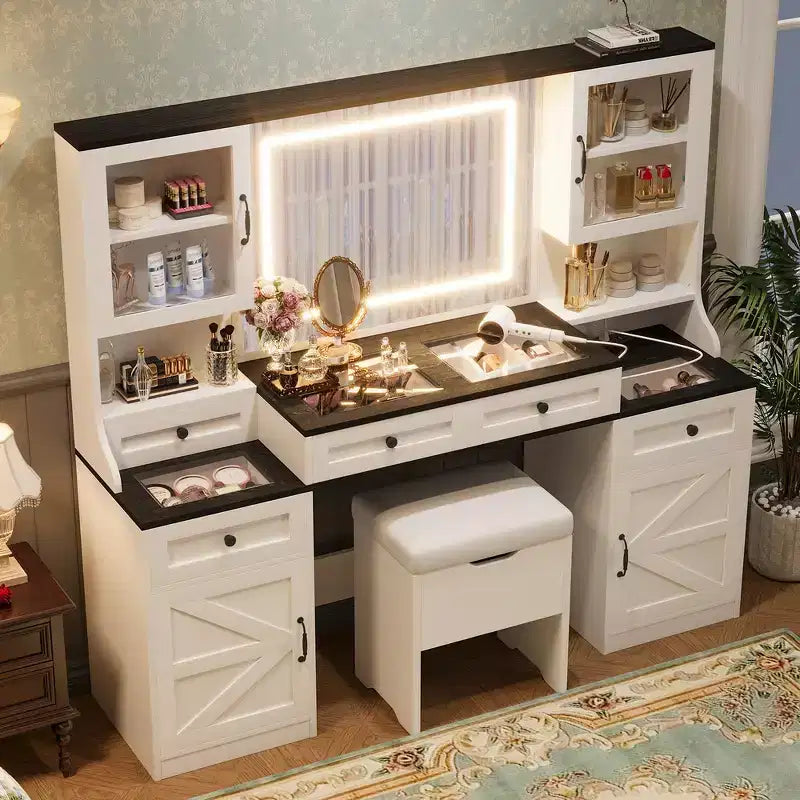 Toeletta da trucco da fattoria con specchio touch LED, sgabello imbottito con contenitore, piano in vetro, stazione di ricarica e ampio spazio di archiviazione - Bianco