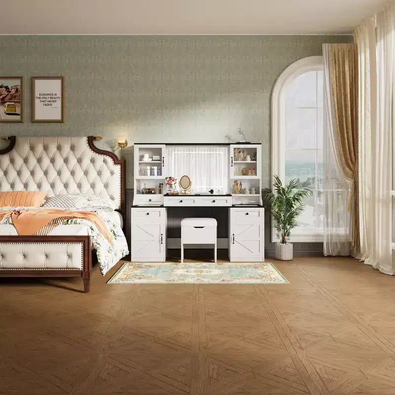 Toeletta da trucco da fattoria con specchio touch LED, sgabello imbottito con contenitore, piano in vetro, stazione di ricarica e ampio spazio di archiviazione - Bianco