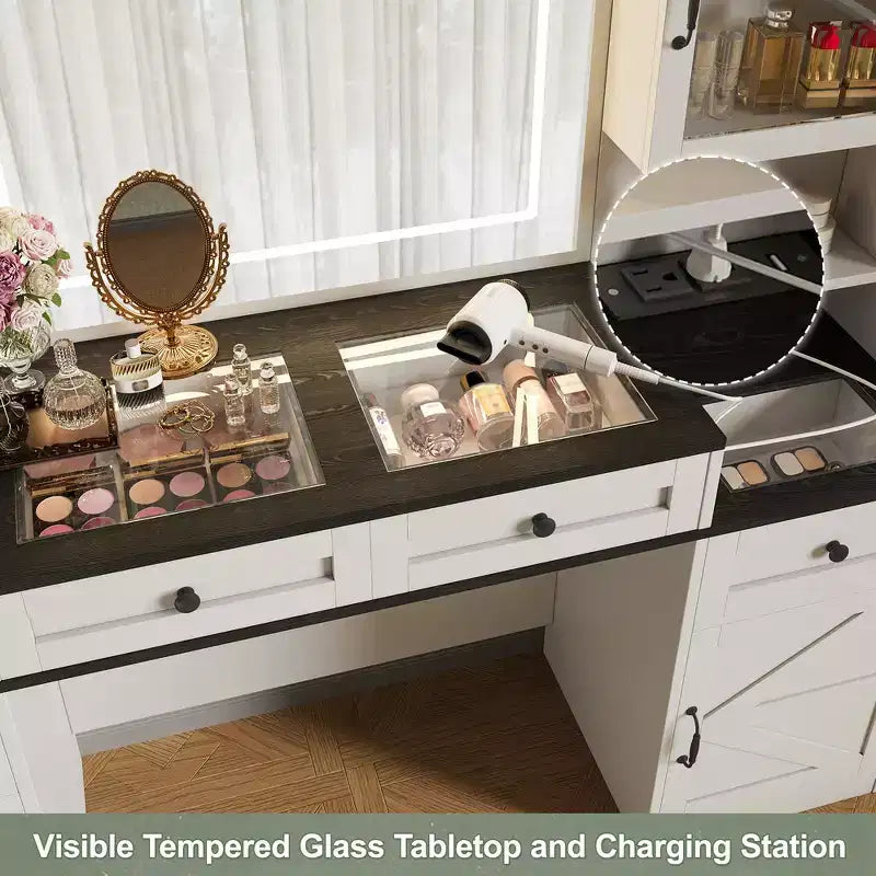 Toeletta da trucco da fattoria con specchio touch LED, sgabello imbottito con contenitore, piano in vetro, stazione di ricarica e ampio spazio di archiviazione - Bianco