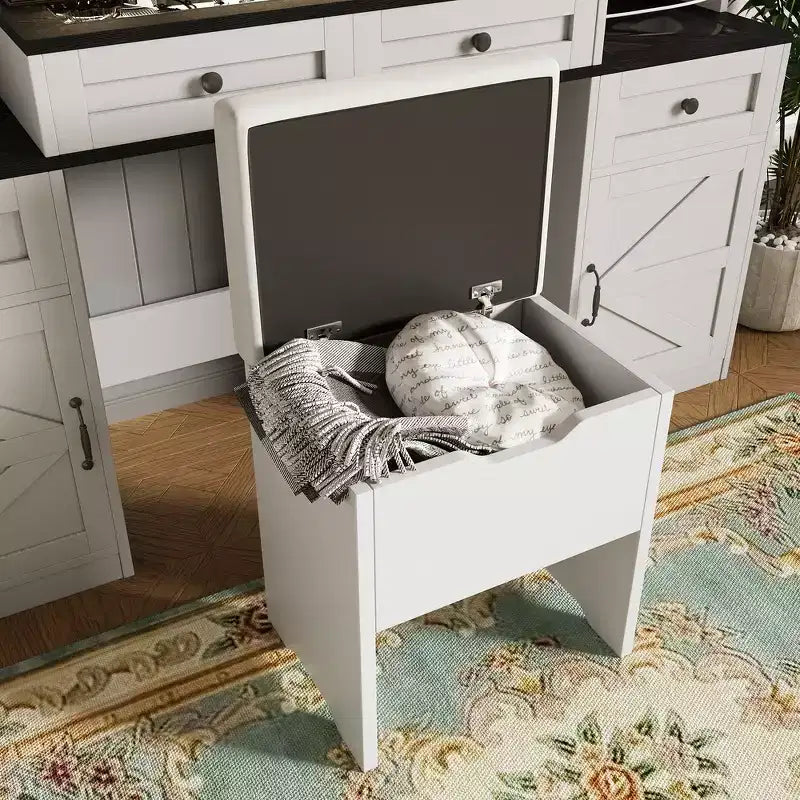 Toeletta da trucco da fattoria con specchio touch LED, sgabello imbottito con contenitore, piano in vetro, stazione di ricarica e ampio spazio di archiviazione - Bianco