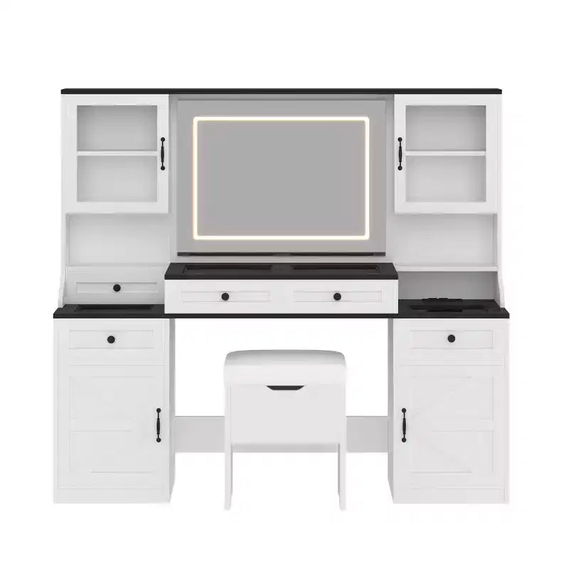 Toeletta da trucco da fattoria con specchio touch LED, sgabello imbottito con contenitore, piano in vetro, stazione di ricarica e ampio spazio di archiviazione - Bianco