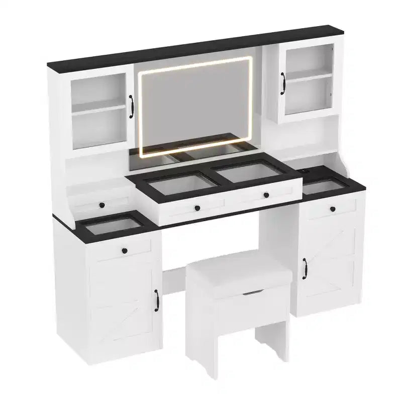 Toeletta da trucco da fattoria con specchio touch LED, sgabello imbottito con contenitore, piano in vetro, stazione di ricarica e ampio spazio di archiviazione - Bianco