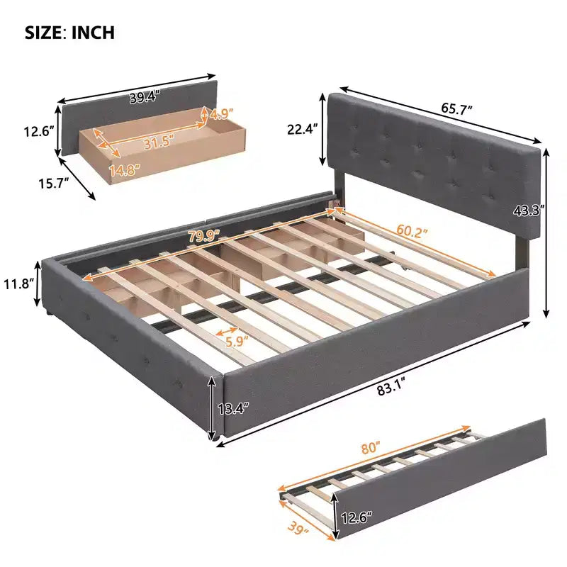 Letto imbottito con base a piattaforma con 2 cassetti e 1 letto estraibile Twin XL in tessuto di lino, dimensioni Queen-Grigio scuro