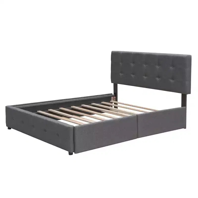 Letto imbottito con base a piattaforma con 2 cassetti e 1 letto estraibile Twin XL in tessuto di lino, dimensioni Queen-Grigio scuro