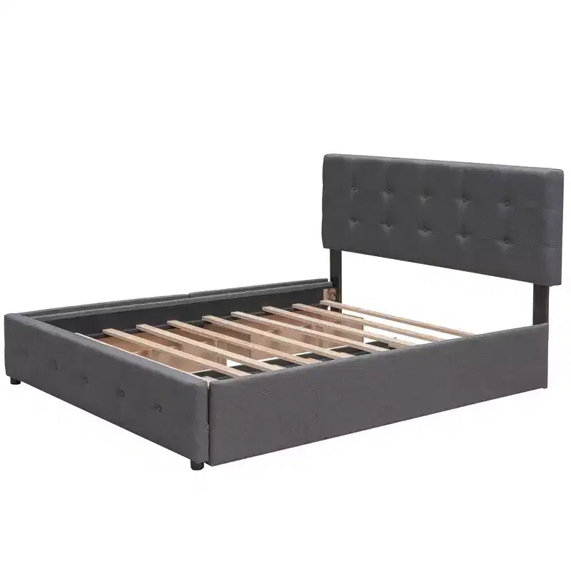 Letto imbottito con base a piattaforma con 2 cassetti e 1 letto estraibile Twin XL in tessuto di lino, dimensioni Queen-Grigio scuro