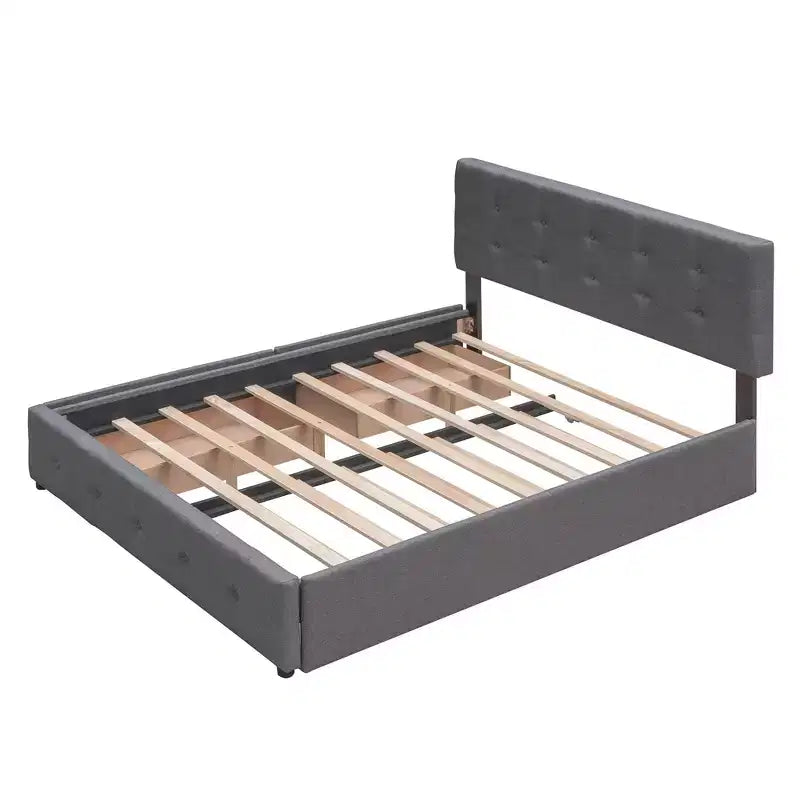 Letto imbottito con base a piattaforma con 2 cassetti e 1 letto estraibile Twin XL in tessuto di lino, dimensioni Queen-Grigio scuro