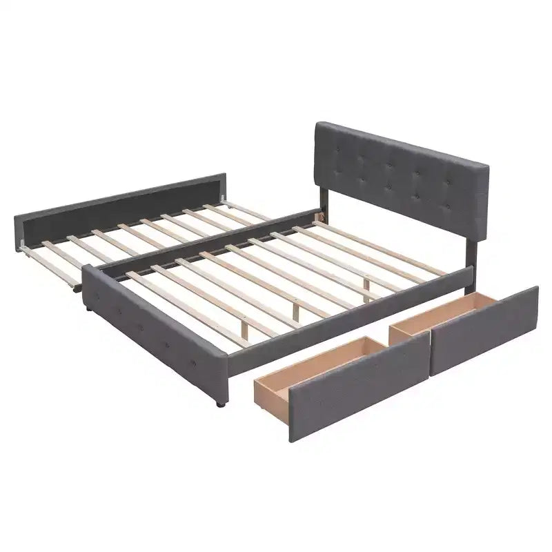 Letto imbottito con base a piattaforma con 2 cassetti e 1 letto estraibile Twin XL in tessuto di lino, dimensioni Queen-Grigio scuro