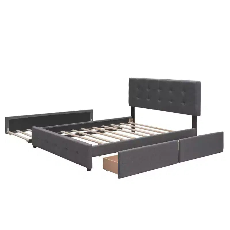 Letto imbottito con base a piattaforma con 2 cassetti e 1 letto estraibile Twin XL in tessuto di lino, dimensioni Queen-Grigio scuro