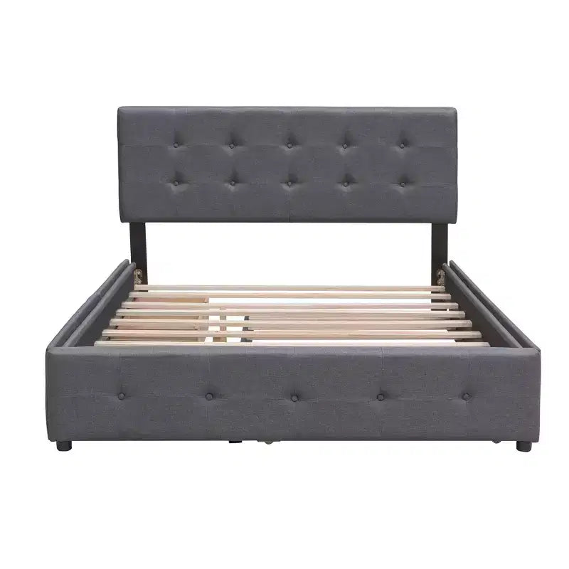 Letto imbottito con base a piattaforma con 2 cassetti e 1 letto estraibile Twin XL in tessuto di lino, dimensioni Queen-Grigio scuro