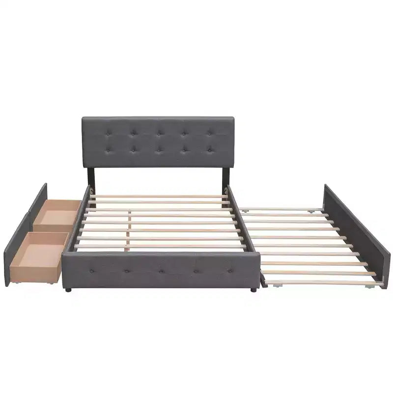 Letto imbottito con base a piattaforma con 2 cassetti e 1 letto estraibile Twin XL in tessuto di lino, dimensioni Queen-Grigio scuro