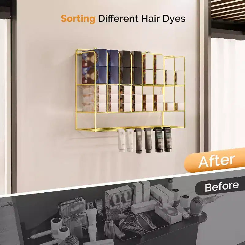 Organizzatore per tinture per capelli, espositore da salone in metallo a 2 livelli a parete per tubetti di tintura per capelli, argento