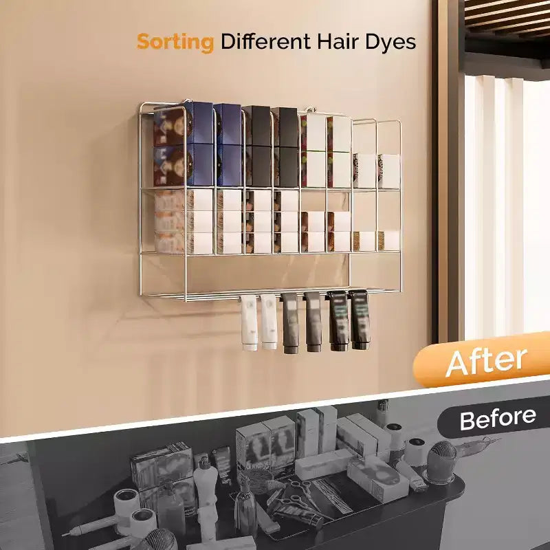 Organizzatore per tinture per capelli, espositore da salone in metallo a 2 livelli a parete per tubetti di tintura per capelli, argento