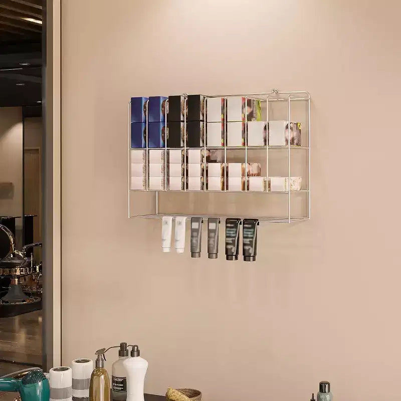 Organizzatore per tinture per capelli, espositore da salone in metallo a 2 livelli a parete per tubetti di tintura per capelli, argento