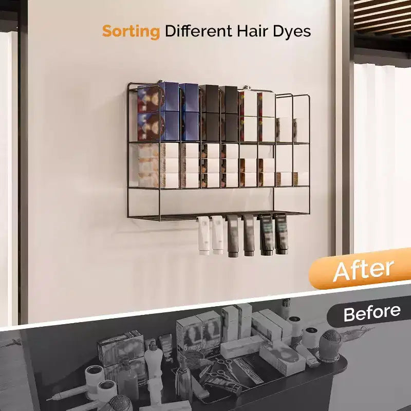 Organizzatore per tinture per capelli, espositore da salone in metallo a 2 livelli a parete per tubetti di tintura per capelli, argento