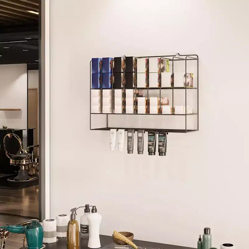 Organizzatore per tinture per capelli, espositore da salone in metallo a 2 livelli a parete per tubetti di tintura per capelli, argento
