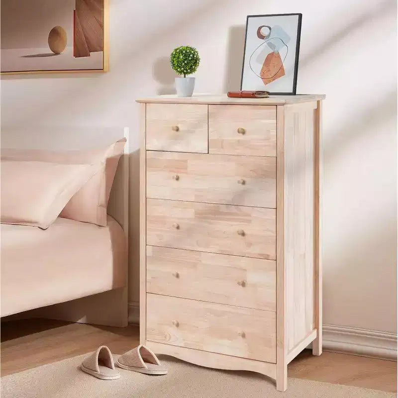 Cassettiera da camera da letto in legno massello naturale non rifinito a 6 cassetti, cassettiere e comò rustici in legno di caucciù alto fai da te