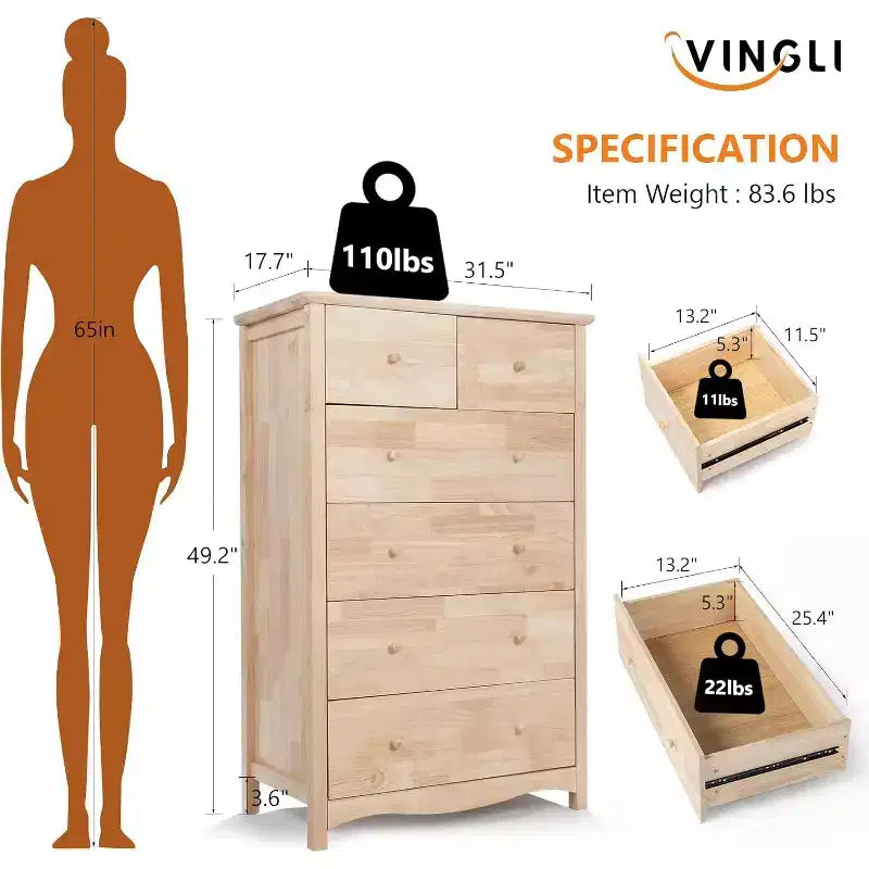 Cassettiera da camera da letto in legno massello naturale non rifinito a 6 cassetti, cassettiere e comò rustici in legno di caucciù alto fai da te